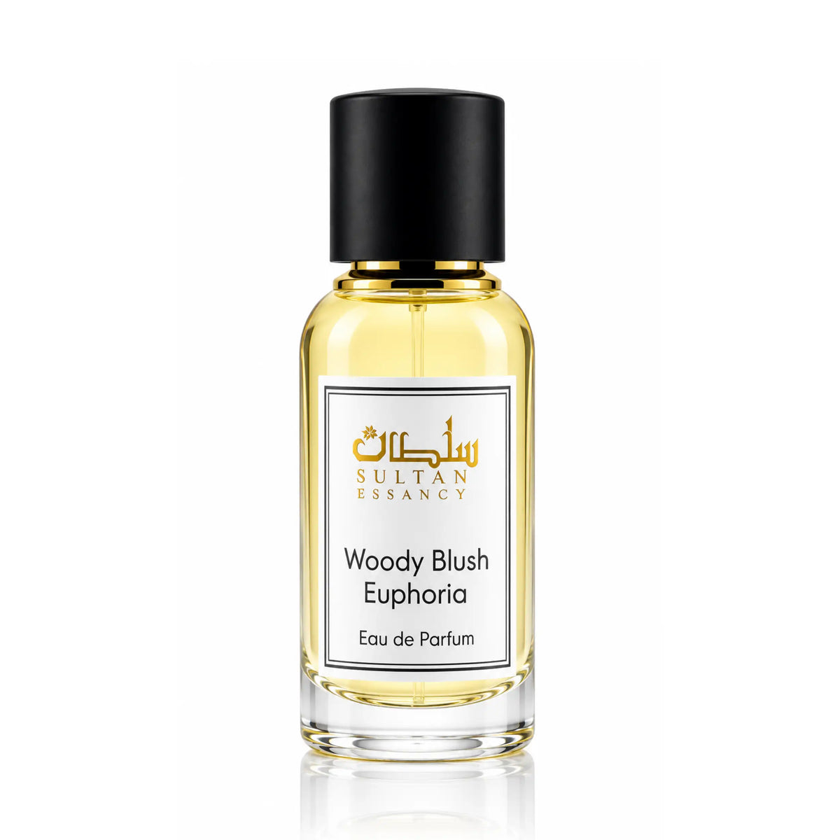 Woody Blush Euphoria von Sultan Essancy – Damen-Eau-de-Parfum im transparenten Glasflakon mit goldgelber Flüssigkeit, schwarzem Deckel und weißem Etikett.