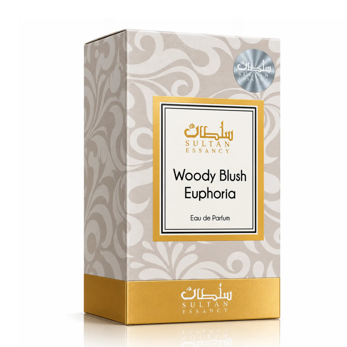 Originalverpackung von Woody Blush Euphoria Eau de Parfum von Sultan Essancy – cremefarbene Box mit ornamentalem Muster, goldenem Sockel und silbernem Markensiegel.