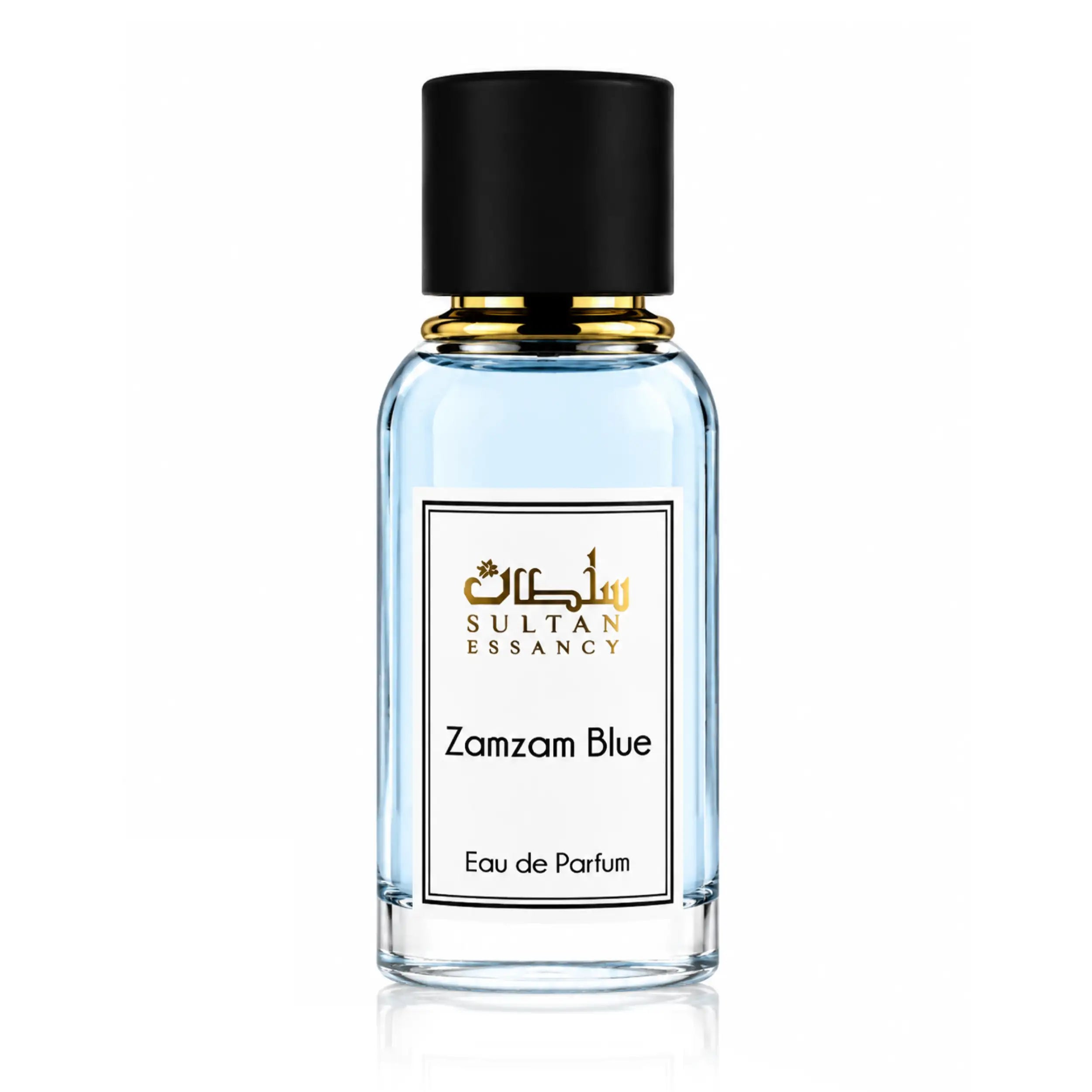 ZamZam Blue Eau de Parfum für Herren von Sultan Essancy im transparenten Glasflakon mit blauem Duft und schwarzem Verschluss