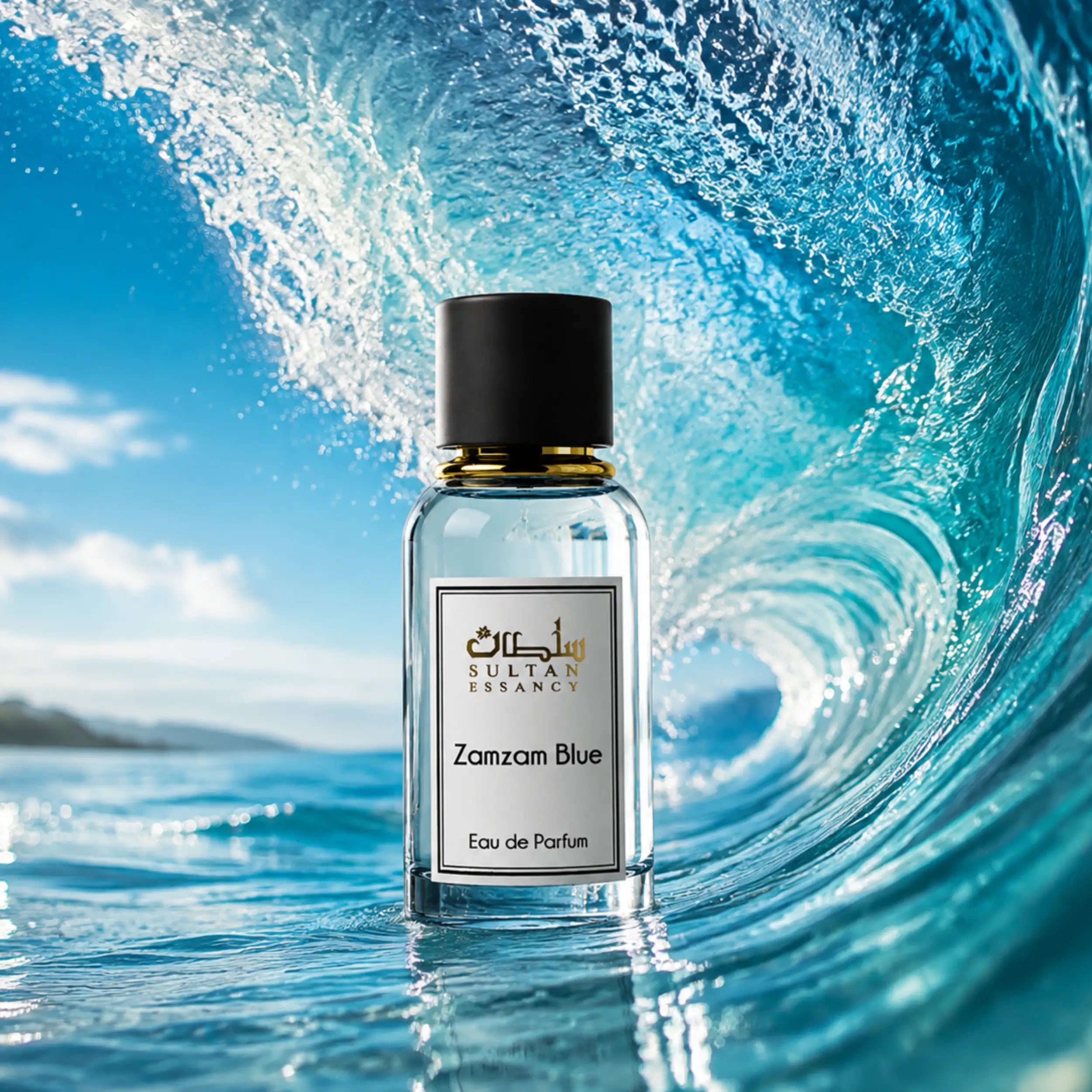 ZamZam Blue Herrenparfum von Sultan Essancy in einer aquatischen Duftinszenierung mit blauer Meereswelle und frischem Charakter